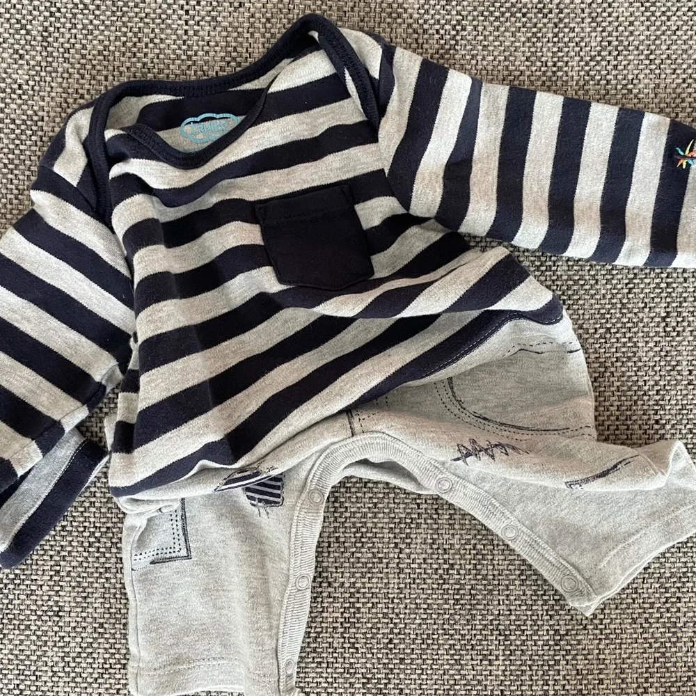 Truly Scrumptious | Grey Navy Striped Long Sleeve Playsuit Romper | 3 months